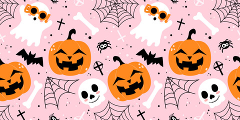 Cute Halloween Vector Pattern with Jack o Lantern, Skull, Web, Spider and Ghost. Cartoon Seamless Pattern