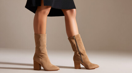 Tan suede knee high boots with block heel and zipper detail worn with black skirt on smooth background