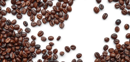 Obraz premium Dark roasted coffee beans scattered on white background, high resolution close-up, breakfast, arabica