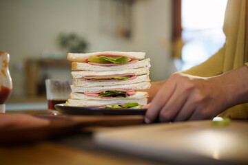 Healthy layered sandwiches stacked on a plate, perfect for breakfast or lunch.
