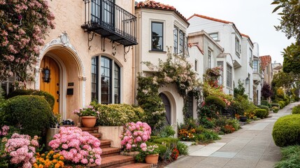 Obraz premium Row of charming houses with varied facades and front yards on quiet residential street, no people visible