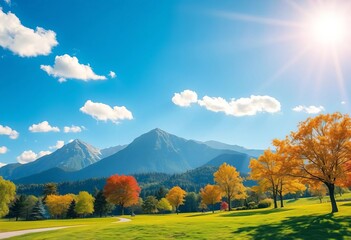 Obraz premium Sunny park scene with layered paper cut mountains and clouds, nature, style