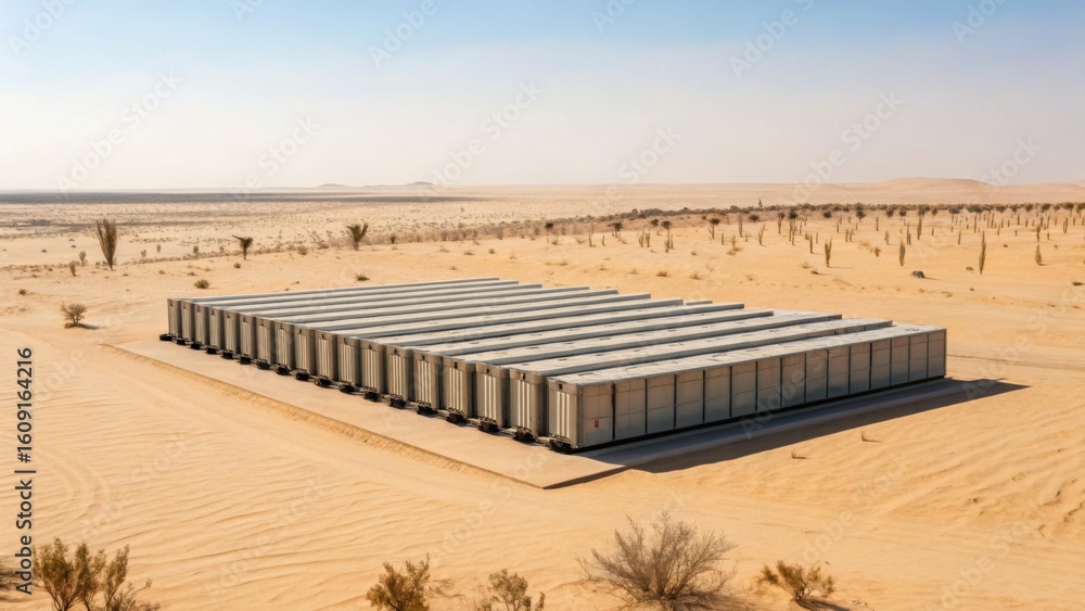 Poster a large array of solar panels installed in a desert landscape with sparse vegetation under a clear s