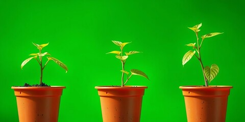 Obraz premium Three potted plants with visible growth stages against a vibrant green background, fresh, environment