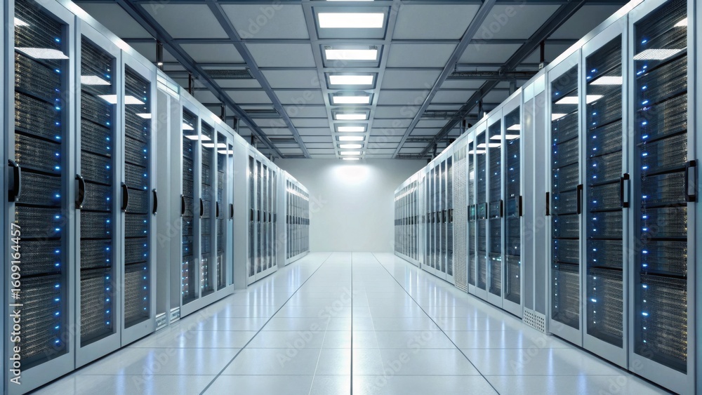 Poster a modern, spacious server room with multiple racks of network servers illuminated by bright ceiling 