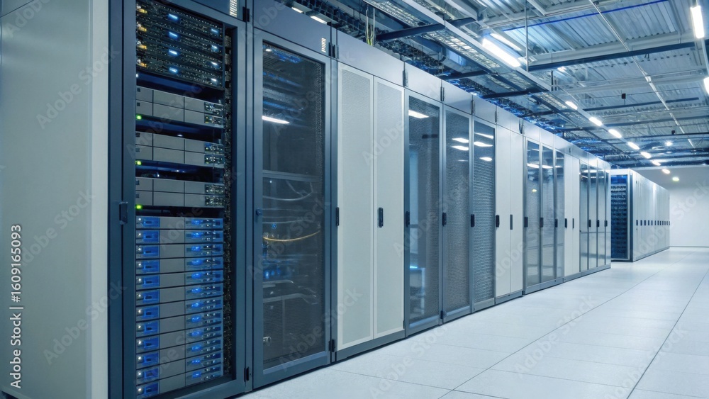 Poster a modern data center interior with rows of server racks and advanced networking equipment under brig