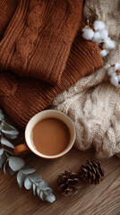 Naklejka premium Cozy autumn scene with warm brown and cream knitted sweaters, cup of coffee, pine cones, and cotton flowers creating