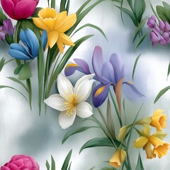 Fototapeta premium Colorful Spring Flowers Seamless Pattern with Daffodils Irises and Tulips