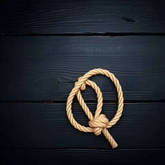 Obraz premium Rope noose on black wooden table, top view. Space for text