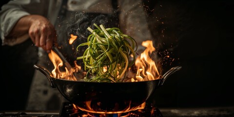 A chef tossing green vegetables in a wok over an open flame in a dark kitchen setting professionally