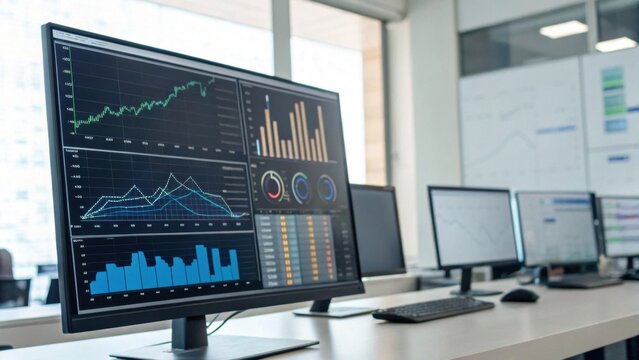 Multiple computer monitors displaying various financial charts and data in a modern office setting.