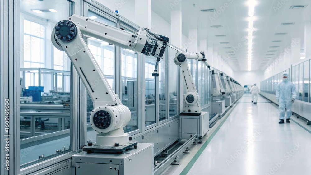 Poster a clean, modern factory aisle featuring multiple robotic arms used in automated manufacturing proces