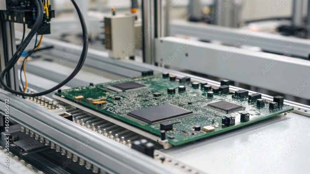 Poster a close-up of a green printed circuit board with electronic components on an automated manufacturing