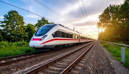 High-speed train moving through a landscape at sunset