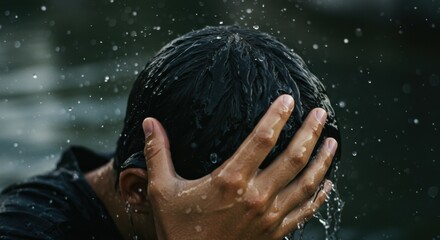 A christian man being baptized in water, representing purification and repentance. Religious ceremony for spiritual renewal.