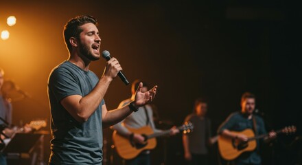 Man leading musical worship at church. Youth praise team performs christian song. Spiritual event and religious concept. copy space.