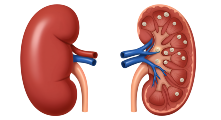 Human kidney anatomy illustration, healthy versus kidney stones.