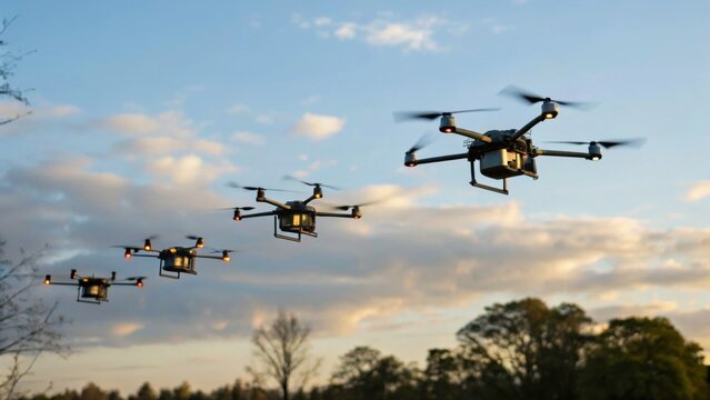 Five drones fly in formation over a landscape with trees under a partly cloudy sky during sunset. - Powered by Adobe