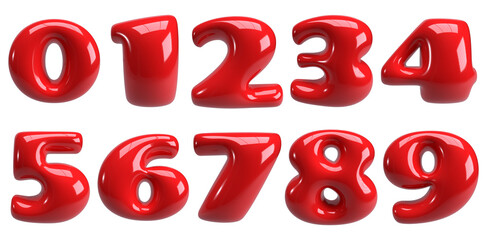 set of 3d rendering bubble gum red number