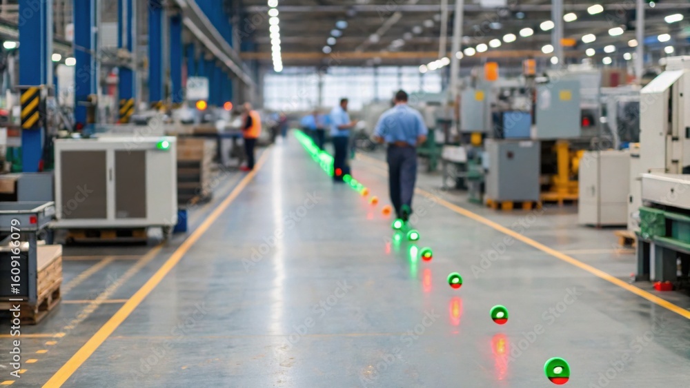 Poster workers walk through a spacious, brightly lit factory floor with machines and green-red indicator li