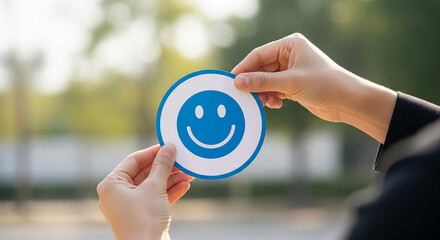 Person holding blue happy face emoji sign symbolizing positive feedback customer satisfaction mental health and happiness concept in outdoor natural setting

