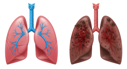 A medical illustration comparing healthy, clean lungs with diseased, cancerous smoker's lungs.