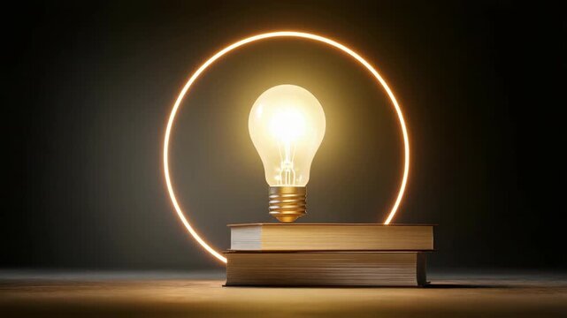 Illuminated light bulb placed on stacked books with glowing ring light behind, set against a dark background, symbolizing knowledge and ideas