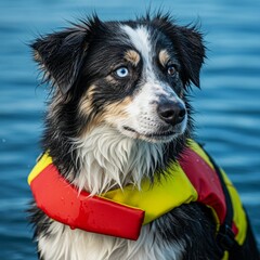 Blue-Eyed Australian Shepherd Wears Life Vest by Water