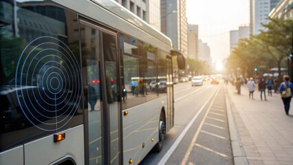 A city bus stops on a busy urban street during sunset, with pedestrians walking along the sidewalk and tall buildings lining the road.