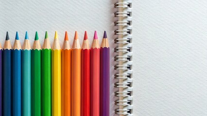 A vibrant row of sharpened colored pencils, spanning the full spectrum of the rainbow, are neatly aligned next to the spiral binding of a white textured drawing pad, perfect for art or education theme
