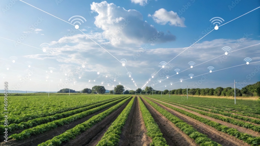 Poster a farm field with rows of crops under a partly cloudy sky, illustrating wireless connectivity and sm