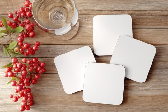 Flat lay mockup of four blank square coasters on rustic wooden table with wineglass and berries, top view product scene in natural studio lighting, ideal for branding and sublimation design