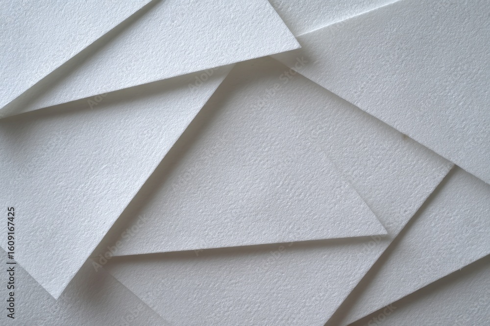 Poster textured white planes intersect creating a layered abstract composition with light and shadow interp
