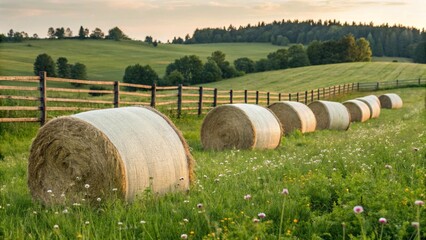 Obraz premium This picturesque image captures a series of cylindrical hay bales, individually protected by white plastic wrap, neatly arranged in a lush meadow, with a rustic wooden fence
