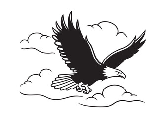 Majestic Bald Eagle Soaring Through Clouds: Black and White Vector Illustration