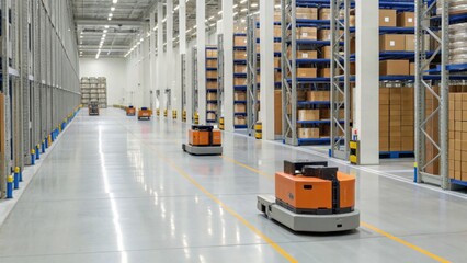 A modern warehouse with tall shelving units and autonomous robots efficiently transporting boxes on a polished floor.