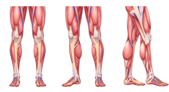 Anatomical illustration showing the muscles and veins of the human leg from multiple angles.