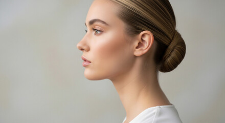 Elegant woman's profile with flawless skin and sophisticated updo