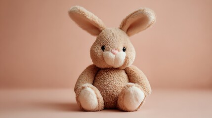 Obraz premium Cute brown rabbit doll on light pastel background high quality adorable plush bunny toy for children
