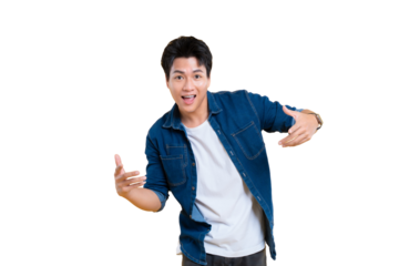 A young man with open arms poses with an enthusiastic and welcoming gesture. He's expressing positivity