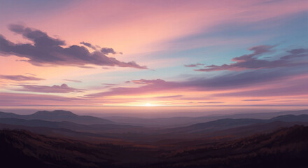 Stunning pastel sunset paints sky over serene mountain landscape horizon