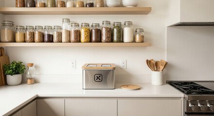 Organized kitchen pantry with glass jars of grains and snacks on shelves