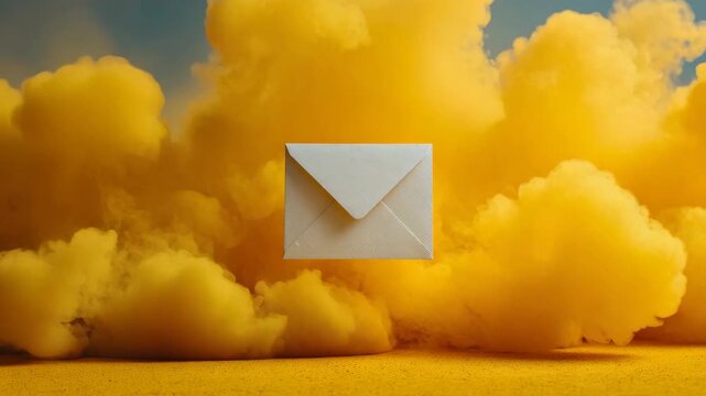 White envelope suspended mid-air with textured surface, surrounded by thick yellow dust clouds, on a vibrant sandy ground under blue sky