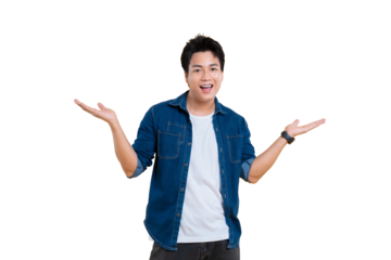 An open-armed person, cheerful and inviting, in casual wear, expressing openness and welcome. A dynamic pose indicating approachability, set against a plain backdrop.