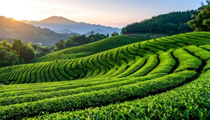 Lush green tea plantation at sunrise