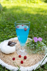 There is a refreshing blue drink in a tall glass on the table. It is surrounded by pink rose petals...