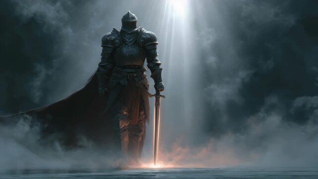 Lone armored knight holding glowing sword, dramatic realistic style, dark stormy background, concept of bravery and mystery