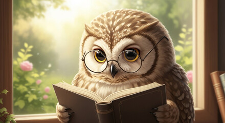 Wise owl with glasses engrossed in a book, bathed in soft natural light