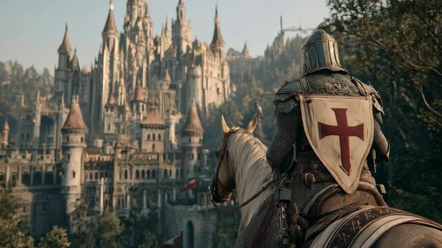 Knight in armor and tabard on a horse facing a majestic castle, realistic style, forested mountain background, concept of medieval fantasy journey