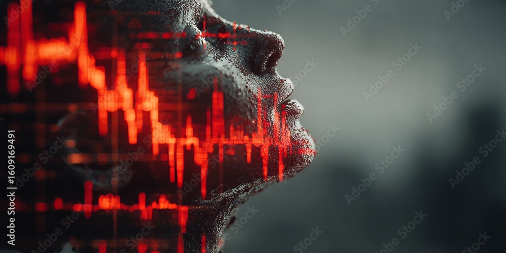 Poster side view of human face covered in liquid texture with glowing red data waves and heartbeat lines